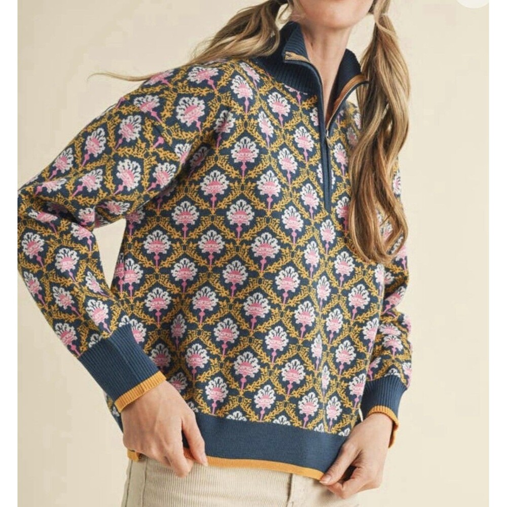 &merci Floral Mock Neck Half Zip Pullover Janie Sweater in Peacock Blue Sz L New